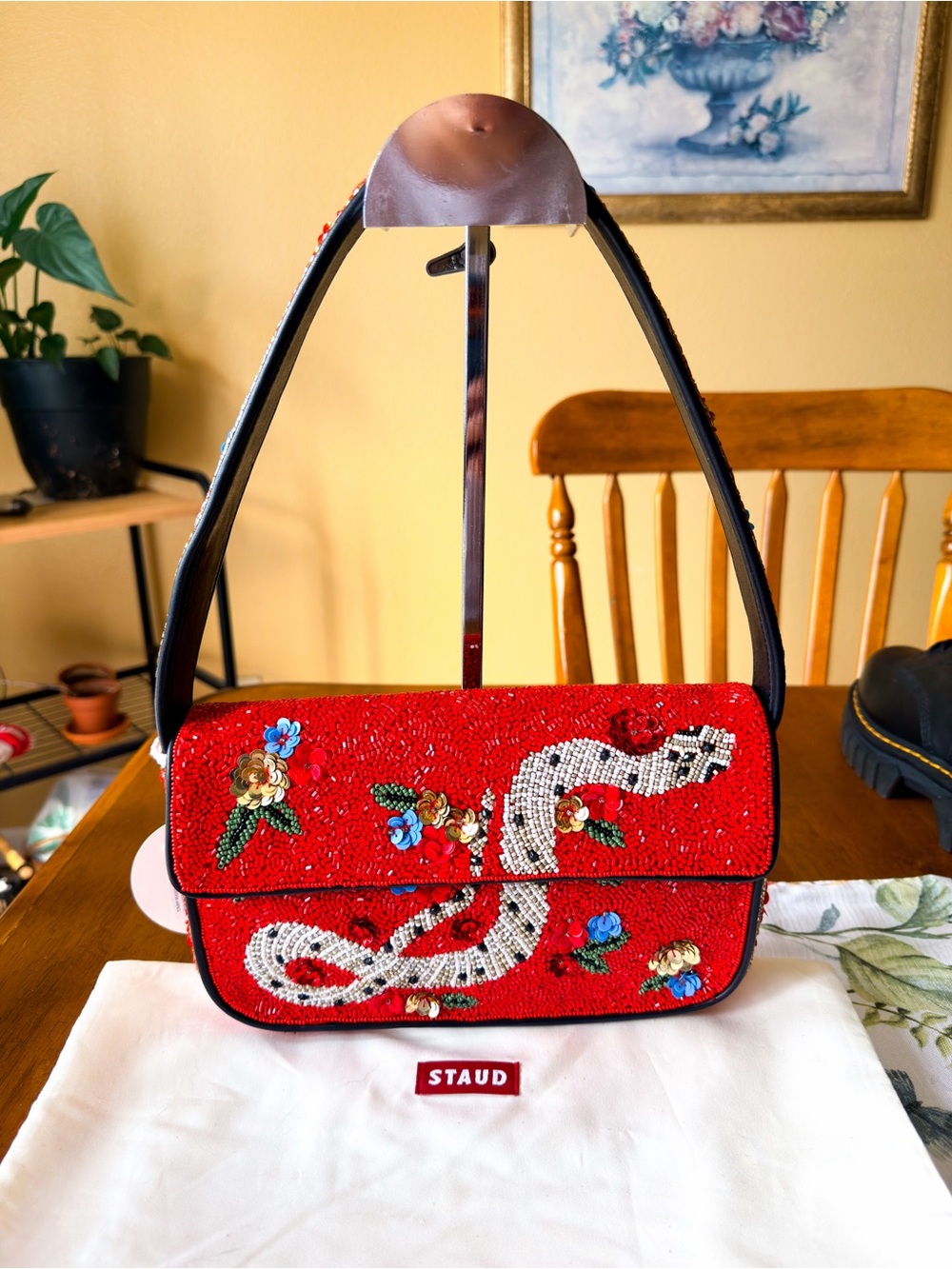 STAUD Tommy Beaded Shoulder Bag Year of the Snake Red NWT - Picture 2 of 11